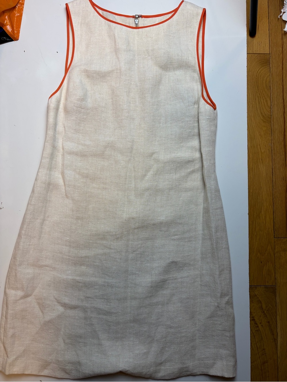 Alice and Olivia beige linen shift dress with orange trim